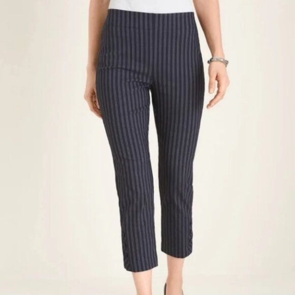 Chico's Navy So Slimming Brigitte Pinstriped Button Hem Crop Pants Size 6 - Picture 1 of 12